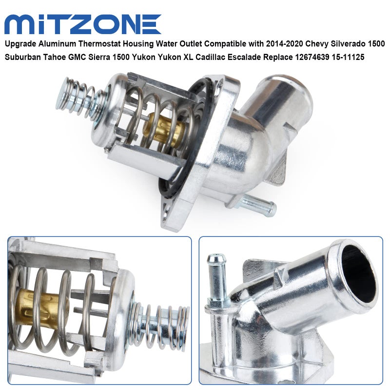 MITZONE Upgrade Aluminum Thermostat Housing Water Outlet Compatible with 2014-2020 Chevy Silverado 1500 Suburban Tahoe GMC Sierra 1500 Yukon Yukon XL Cadillac Escalade Replace 12674639 15-11125 - Image 4